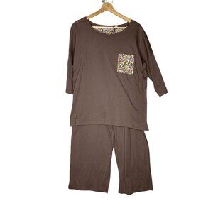 Anybody Women's Pajama Set Brown Pink Floral Pocket Drawstring 100%‎ Cotton SZ M